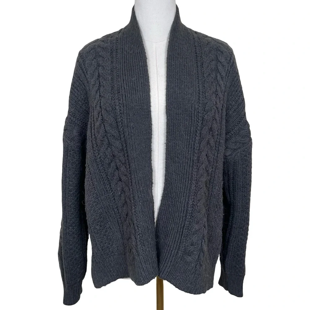 GAP Wool Alpaca Gray Chunky Cable Knit Cardigan Sweater S Fisherman Shawl Collar